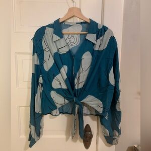 Blue Button Down with Feminine Forms Print